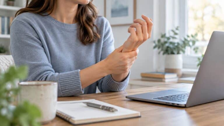 Woman holding her wrist while sitting beside a laptop