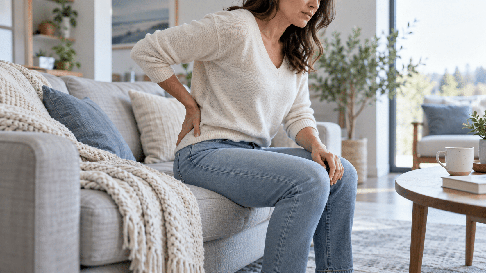 Woman sitting on a sofa with her hand on her lower back