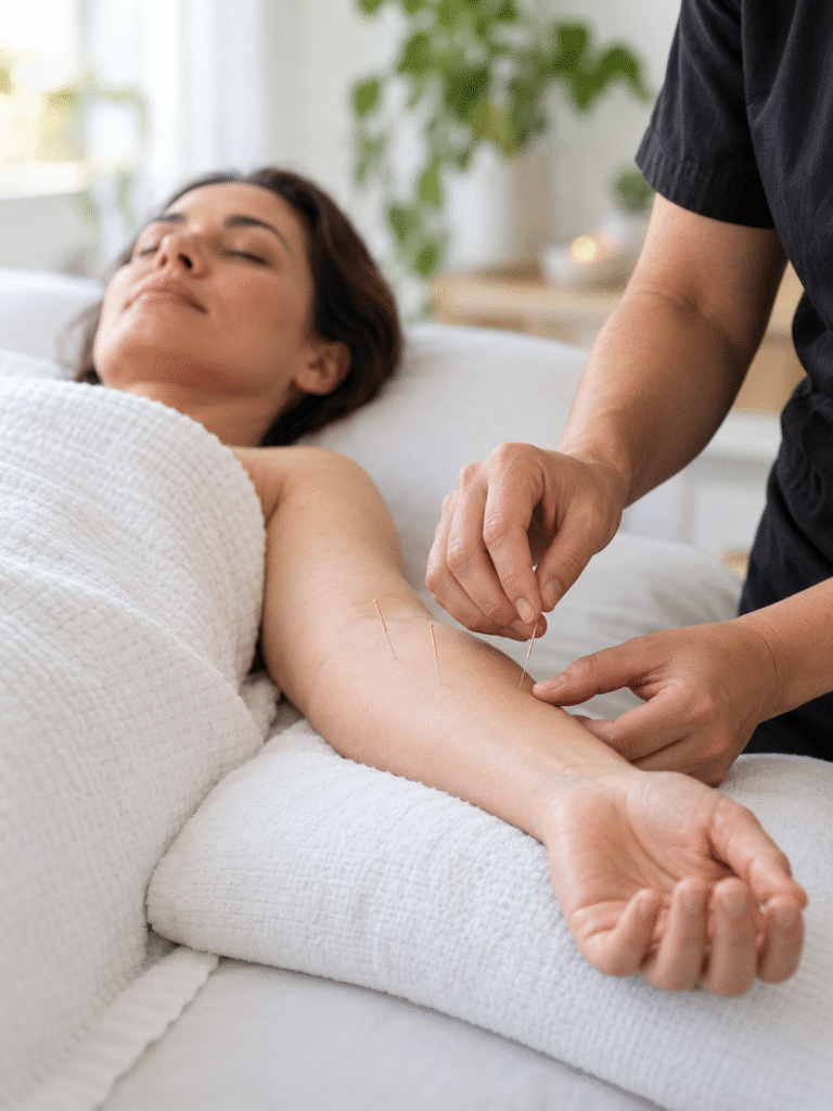 Acupuncturist placing fine needles along a patient's upper back during an acupuncture treatment